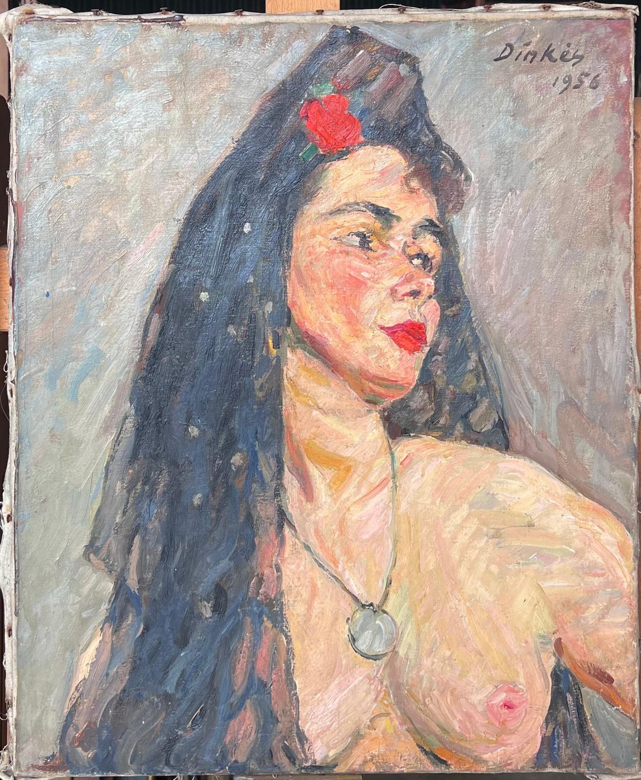 Suzanne Dinkesnude Portrait Of A Lady In A Black Veil Mid Century French Painting1950's photo furniture