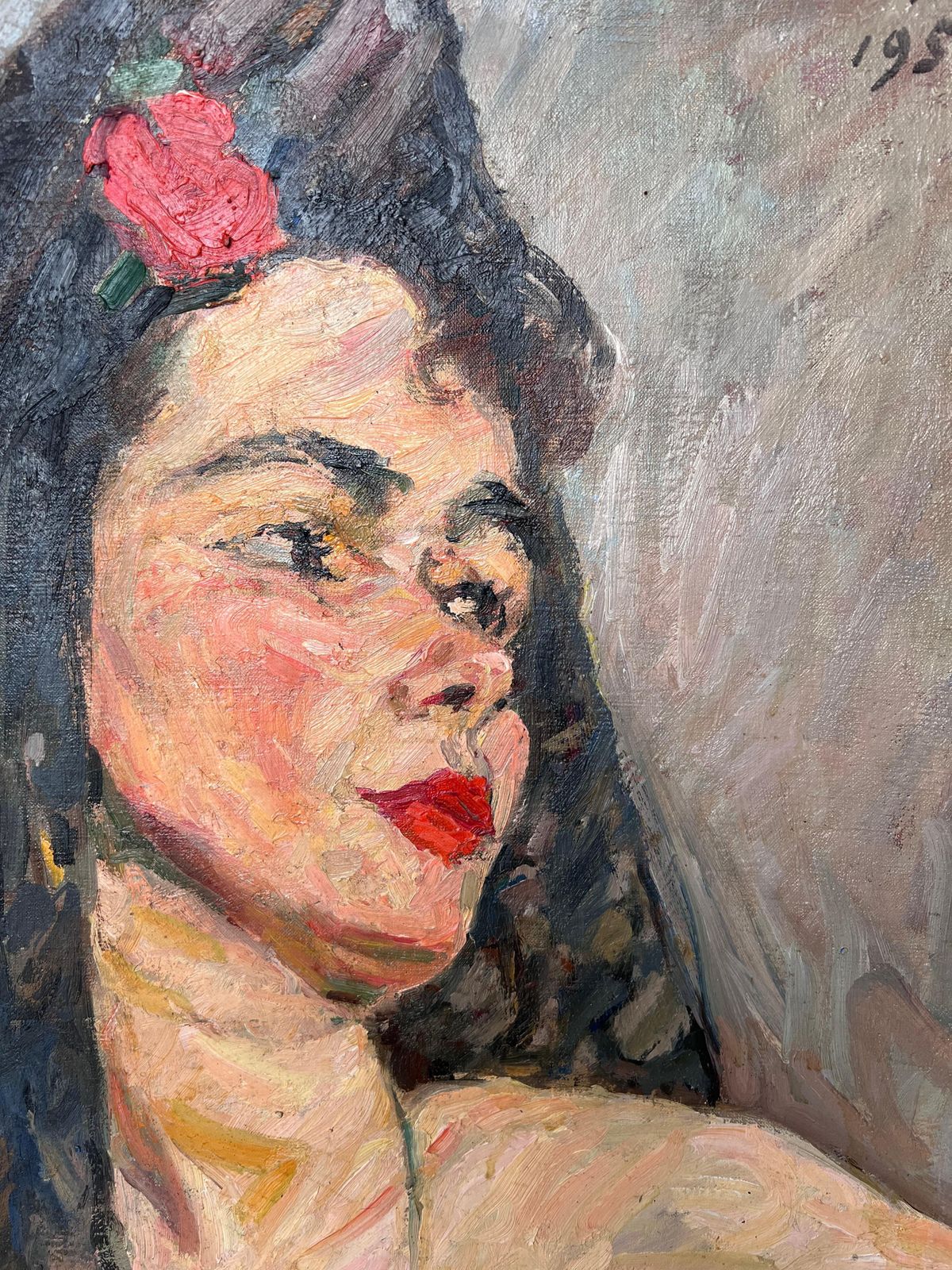 Suzanne Dinkesnude Portrait Of A Lady In A Black Veil Mid Century French Painting1950's photo for sale