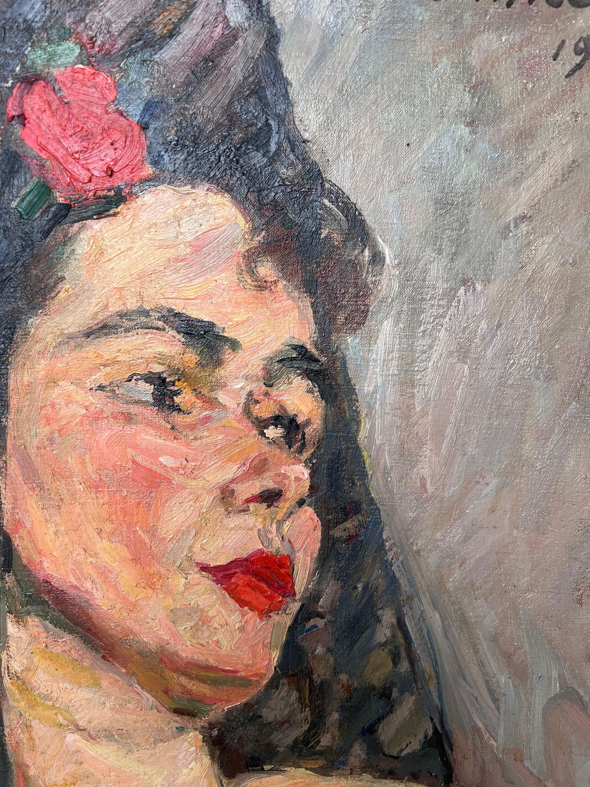 Suzanne Dinkesnude Portrait Of A Lady In A Black Veil Mid Century French Painting1950's photo vintage