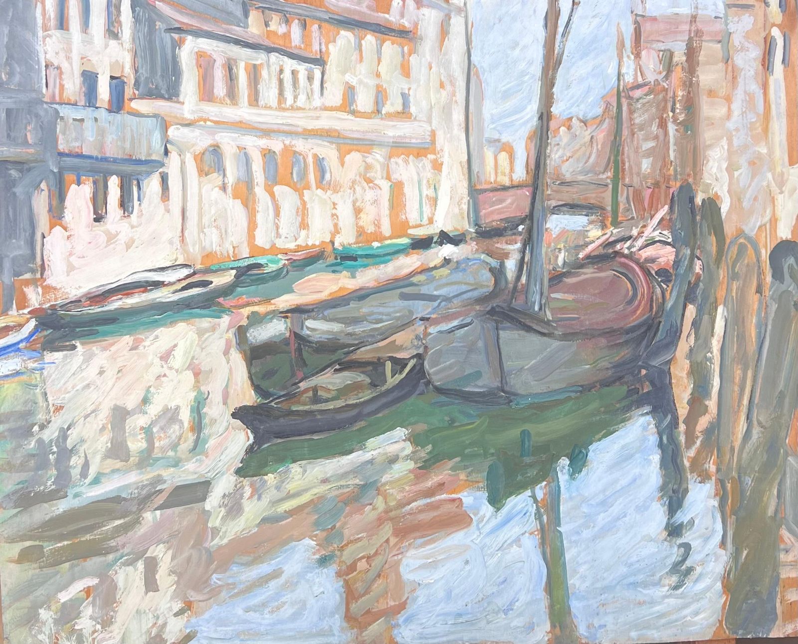 Suzanne Dinkesstill Boats Resting In The Venice Canals French Impressionist Painting1950's