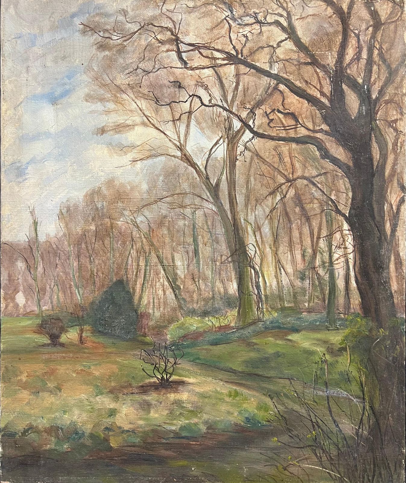 French Schoolwoodland In Early Spring Green Sunlight 1930's French Impressionist Oil1930's