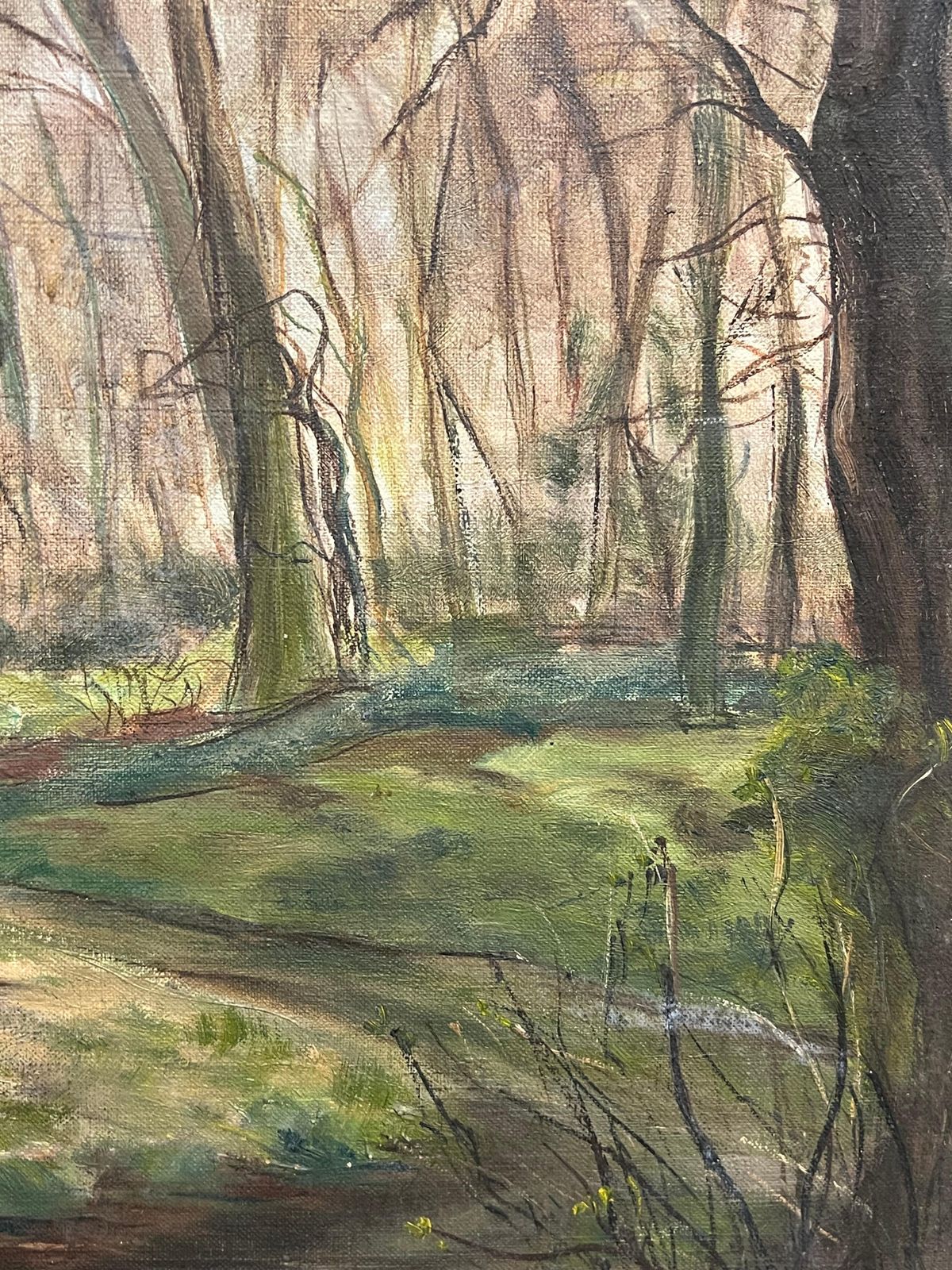 French Schoolwoodland In Early Spring Green Sunlight 1930's French Impressionist Oil1930's photo vinterior