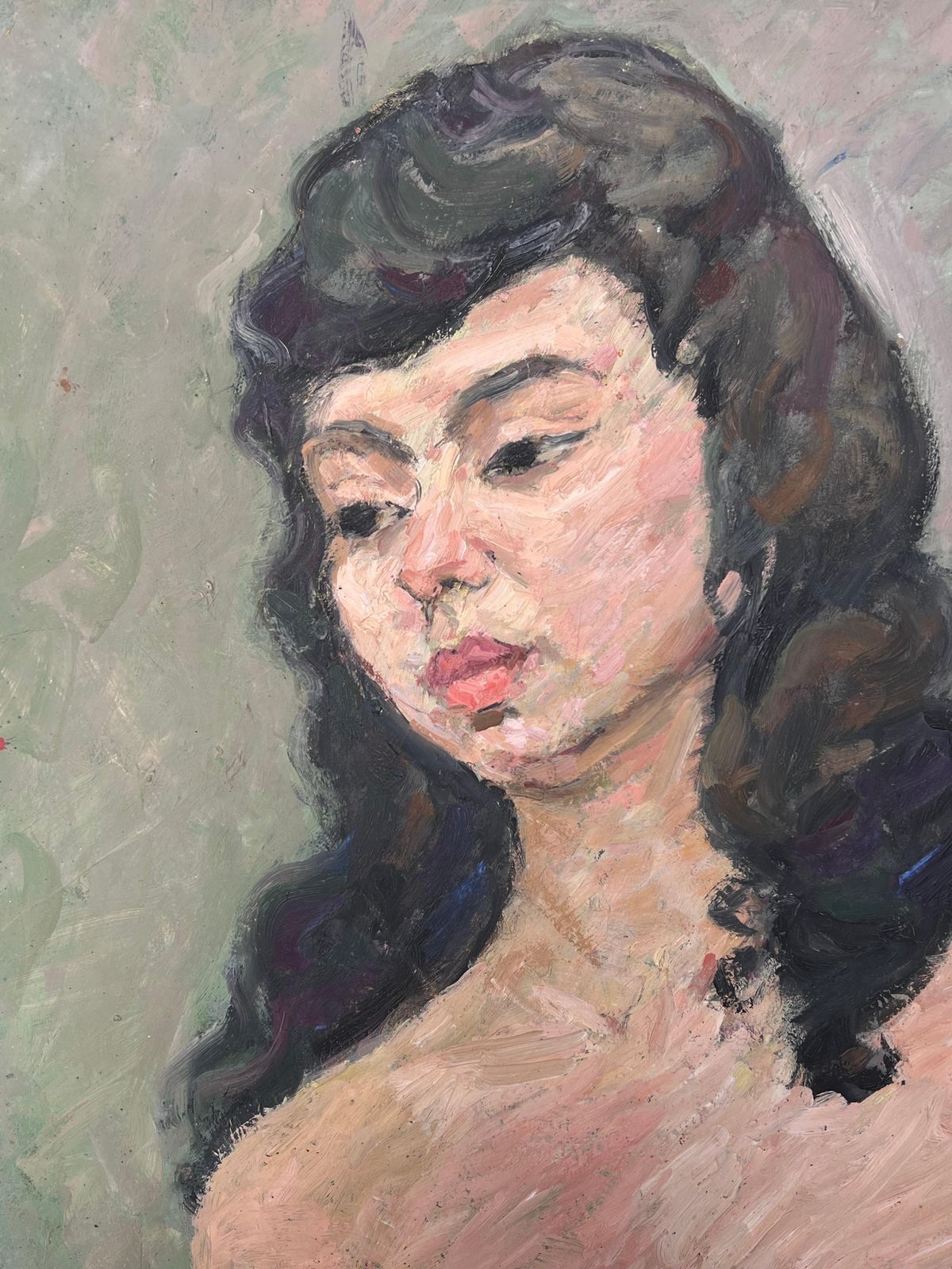 Suzanne Dinkesnude Portrait Of A Female With Black Hair Mid Century French Painting1950's photo for sale