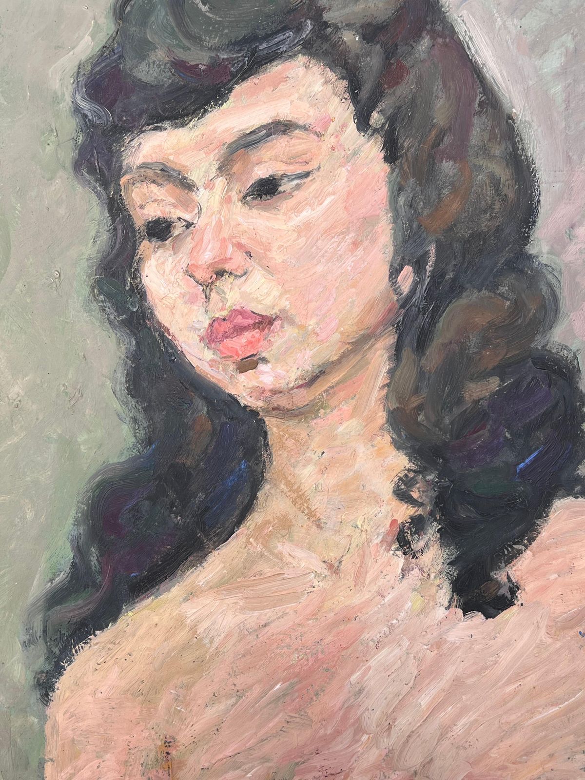 Suzanne Dinkesnude Portrait Of A Female With Black Hair Mid Century French Painting1950's photo vintage