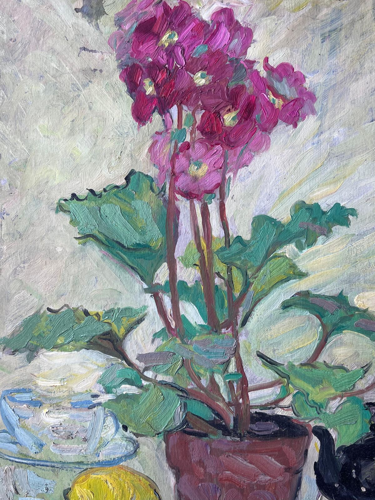 Suzanne Dinkespink Flowers In Plant Pot Kitchen Interior Mid Century French Painting1950's photo for sale