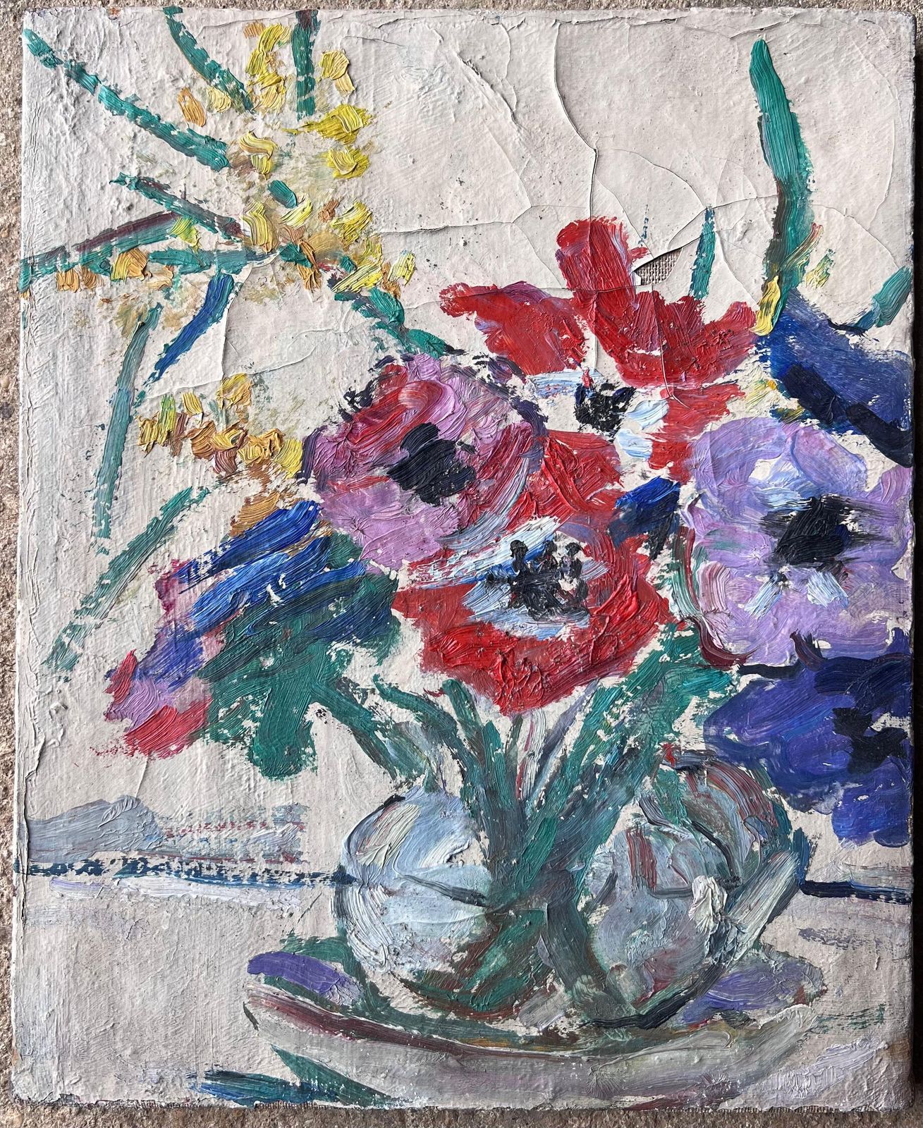 Suzanne Dinkesred And Purple Anemones In Glass Vase Mid Century Impressionist French Painting1950's photo furniture