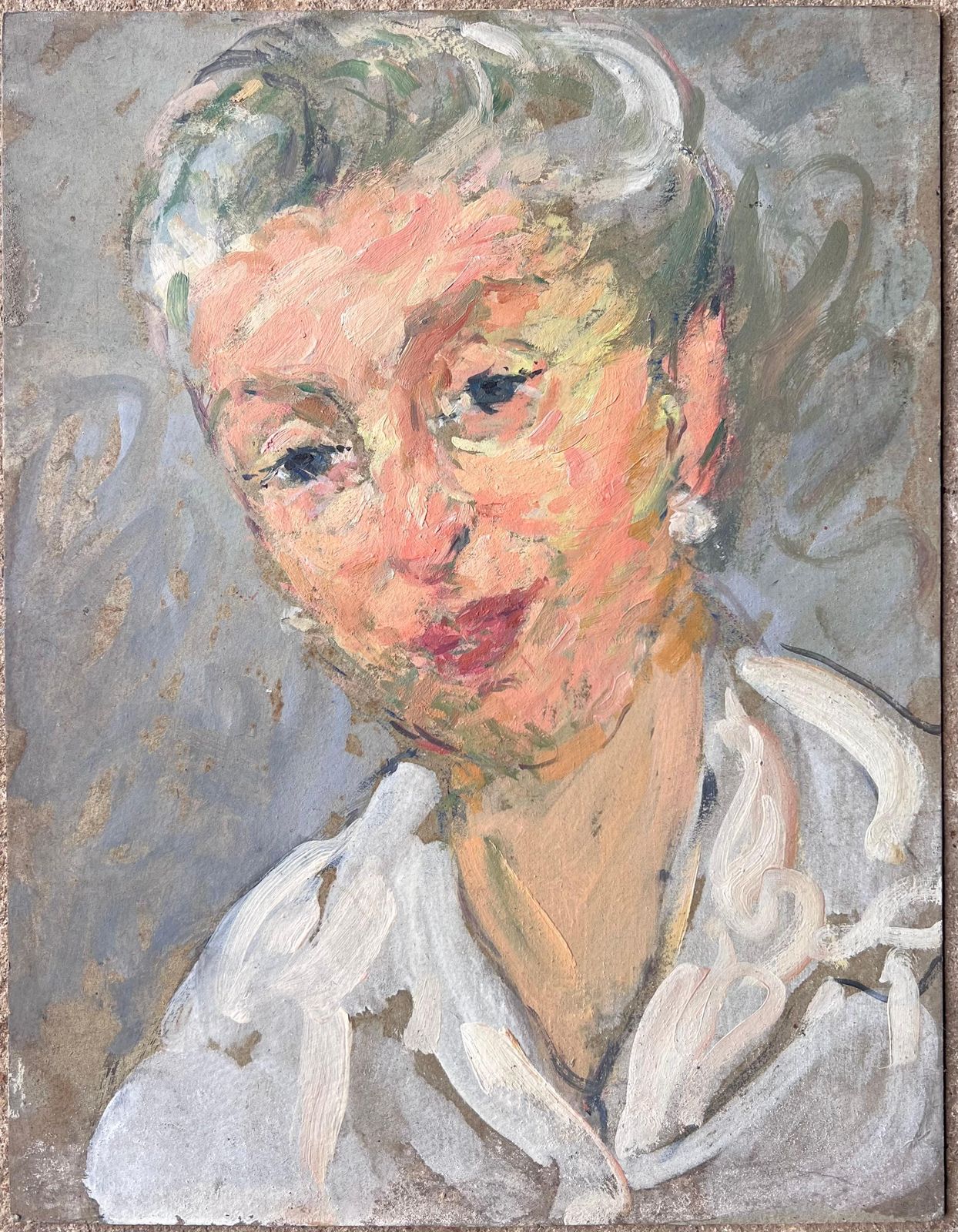 Suzanne Dinkesmid Century French Painting Of A Chic Grey Haired Lady With Pearl Earrings1950's photo furniture