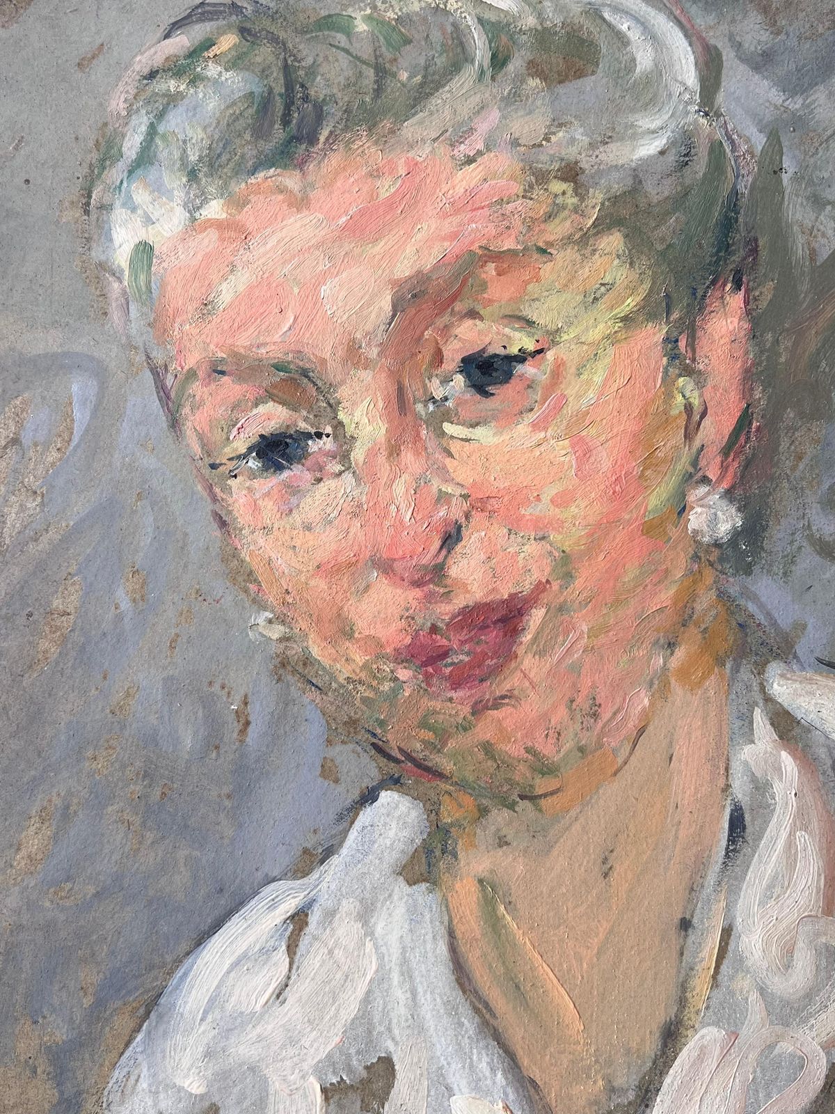 Suzanne Dinkesmid Century French Painting Of A Chic Grey Haired Lady With Pearl Earrings1950's photo buy