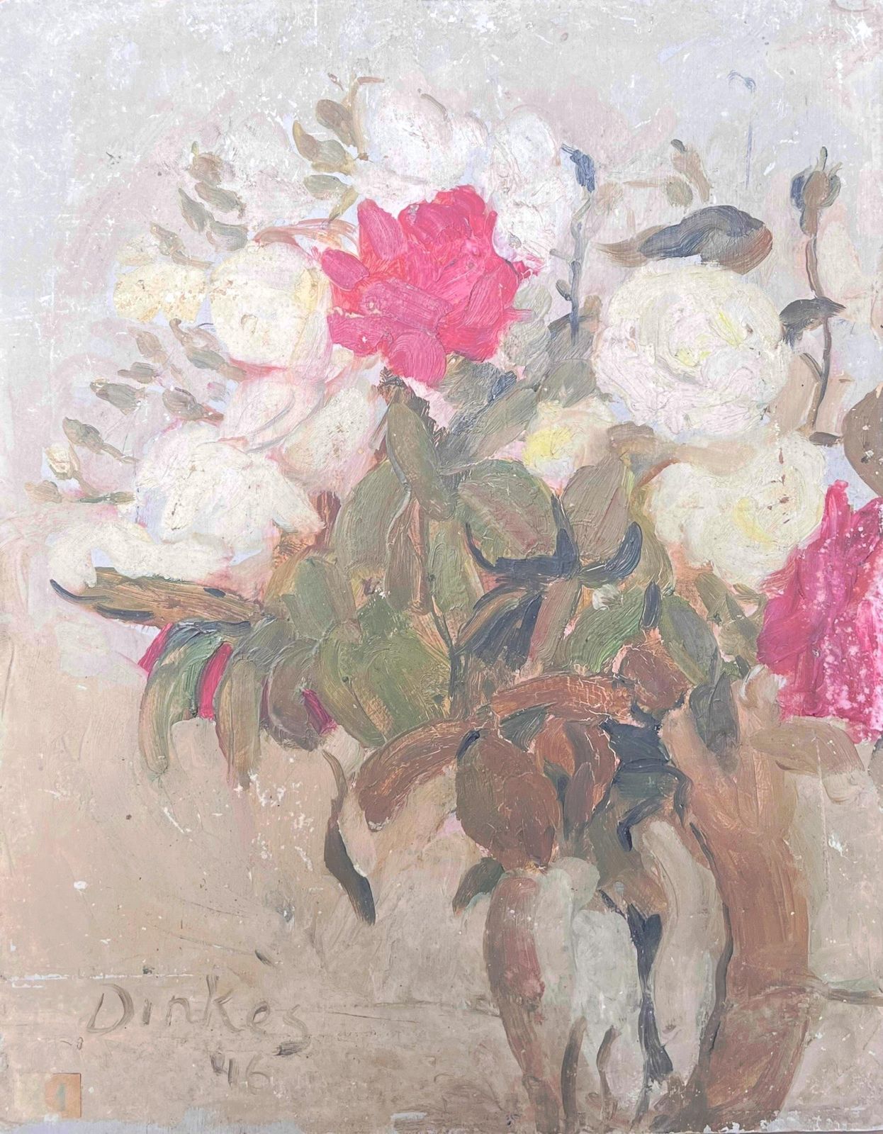 Suzanne Dinkeswhite & Pink Roses In Brown Vase Still Life Mid Century French Impressionist Oil