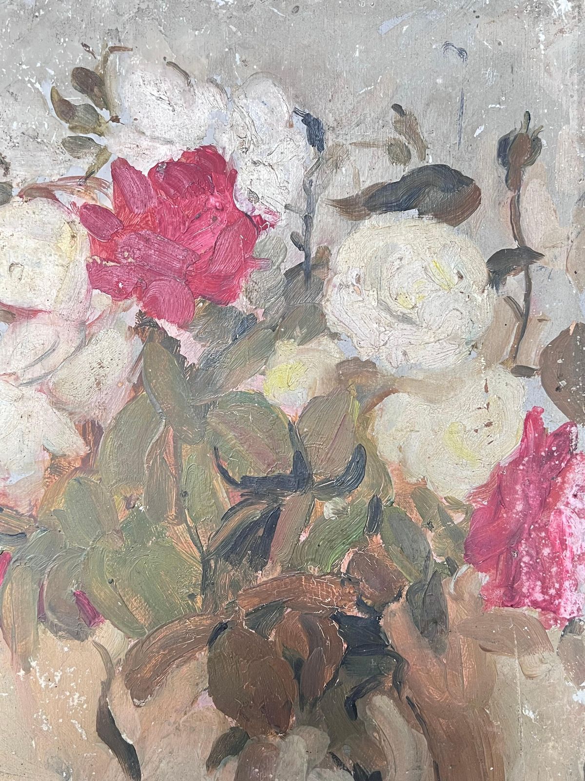 Suzanne Dinkeswhite & Pink Roses In Brown Vase Still Life Mid Century French Impressionist Oil photo for sale