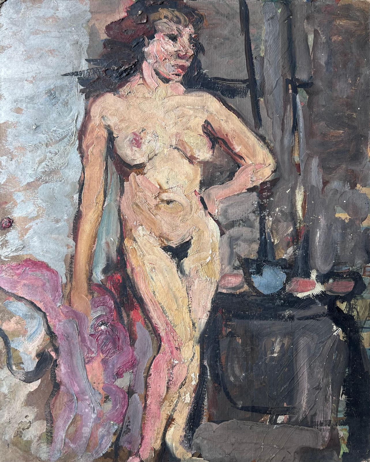 Suzanne Dinkesmid Century French Impressionist Painting Nude Study Of A Dark Haired Lady1950's