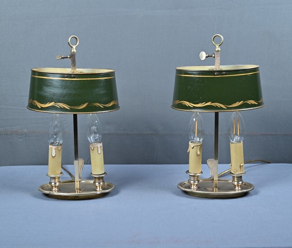 photo for sale Pair Of Brass Bouillotte Lamps Empire Style  Early 20th Century