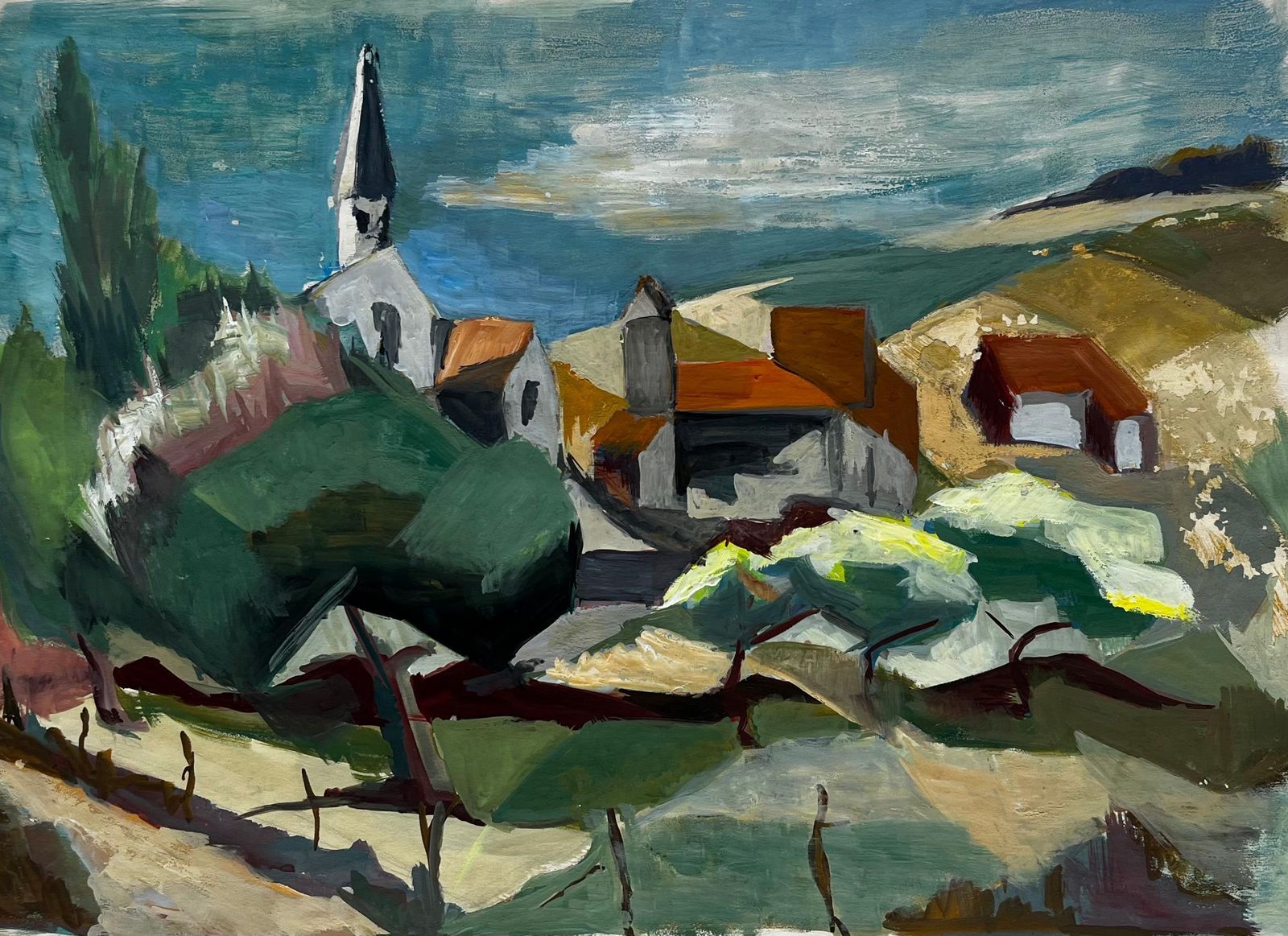 Guy Nicod Countryside Village With Church Steeple French Modern Landscape Painting 1964