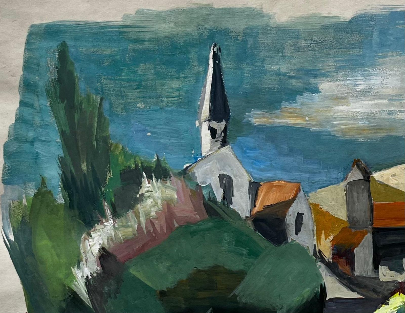Guy Nicod Countryside Village With Church Steeple French Modern Landscape Painting 1964 photo furniture