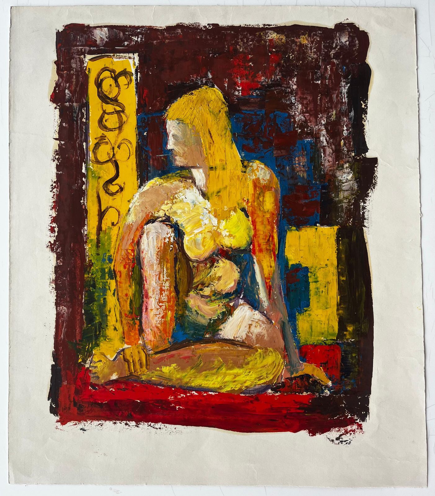 Guy Nicodseated Nude Woman Modernist Study French Gouache Painting In Bold Primary Colour photo for sale