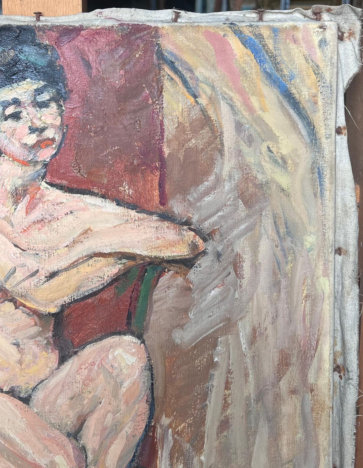 Suzanne Dinkesmid Century Impressionist Painting Nude Lady Posed On Chair In Red Interior1950's photo for sale