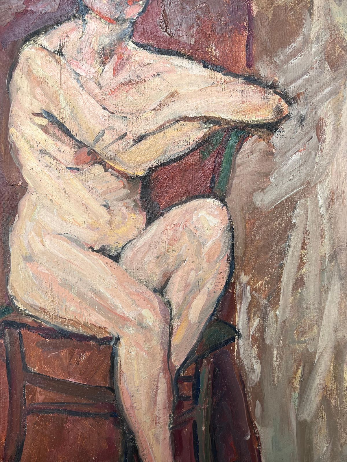 Suzanne Dinkesmid Century Impressionist Painting Nude Lady Posed On Chair In Red Interior1950's photo vinterior