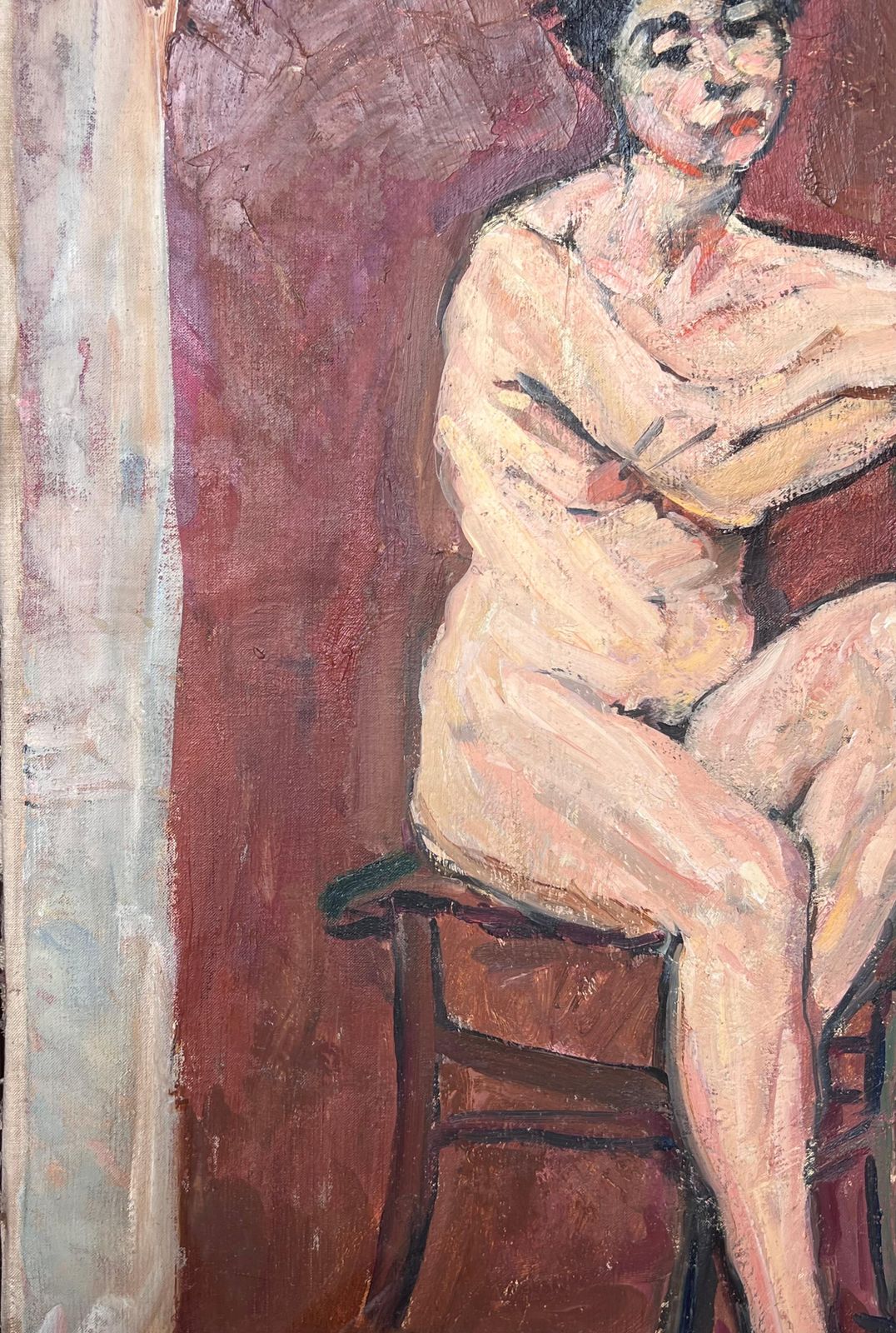 Suzanne Dinkesmid Century Impressionist Painting Nude Lady Posed On Chair In Red Interior1950's photo buy
