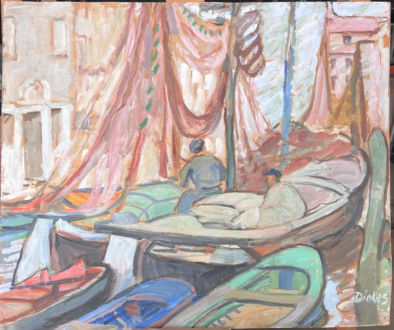 Suzanne Dinkespreparing The Boats Venice Canal Mid Century French Impressionist Painting1950's photo furniture
