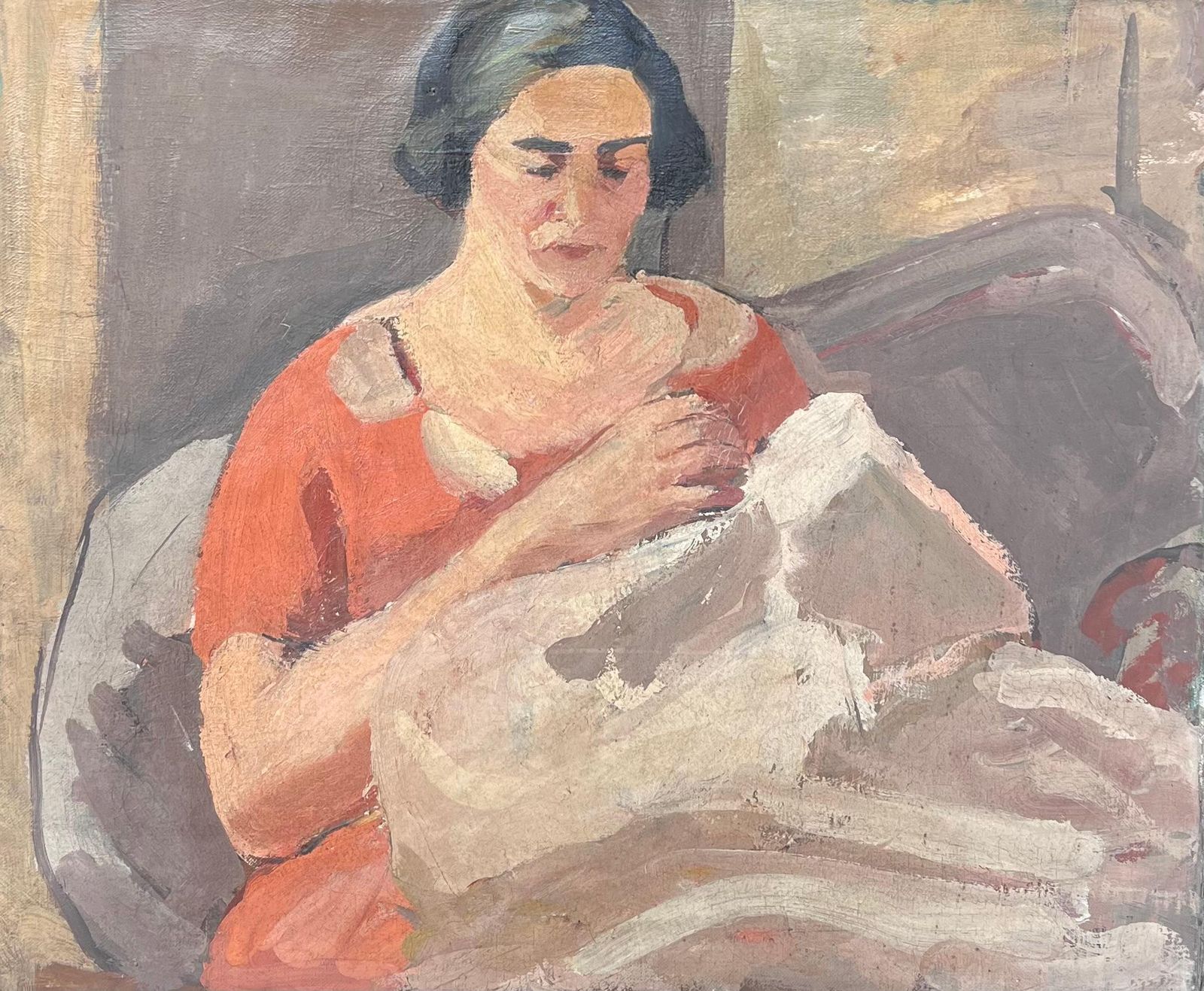 Suzanne Dinkeslady In Red Knitting A White Blanket Mid Century French Impressionist Painting1950's
