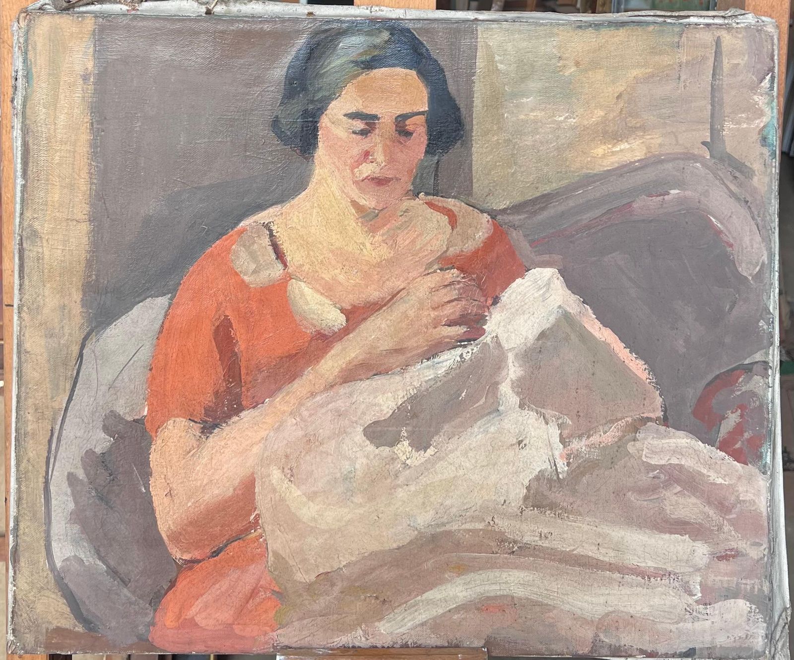 Suzanne Dinkeslady In Red Knitting A White Blanket Mid Century French Impressionist Painting1950's photo furniture