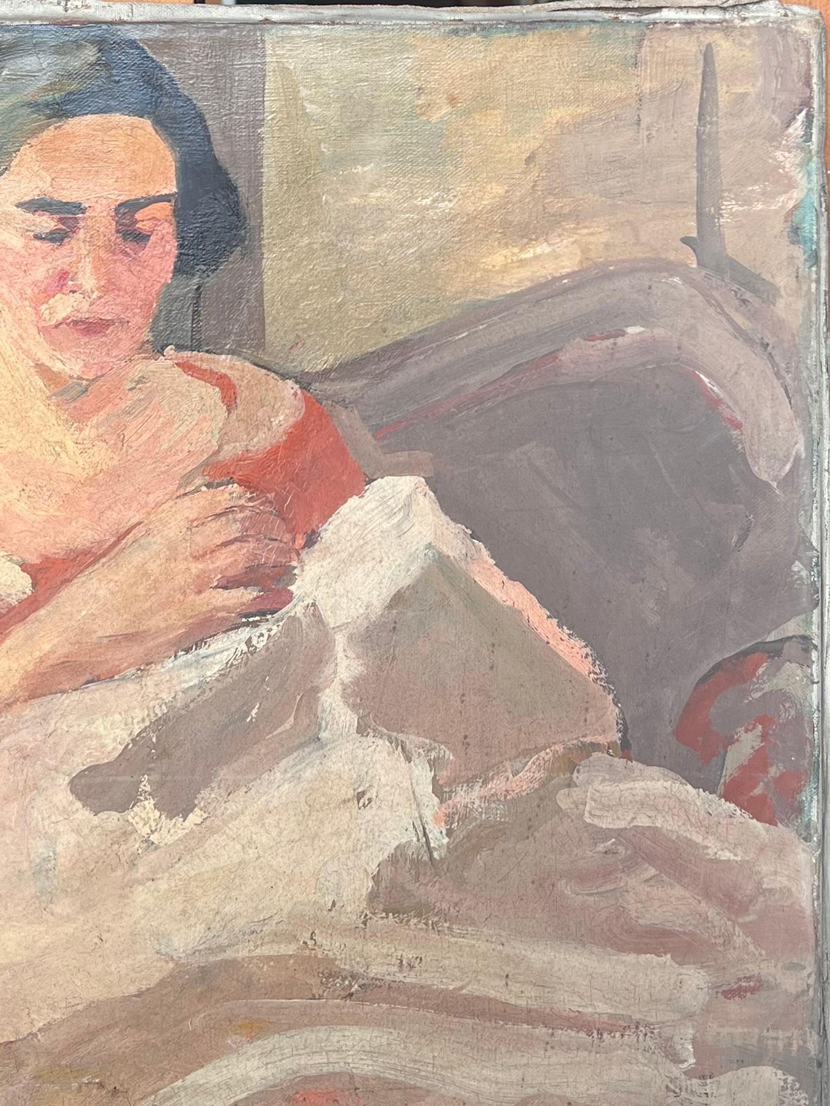 Suzanne Dinkeslady In Red Knitting A White Blanket Mid Century French Impressionist Painting1950's photo Art