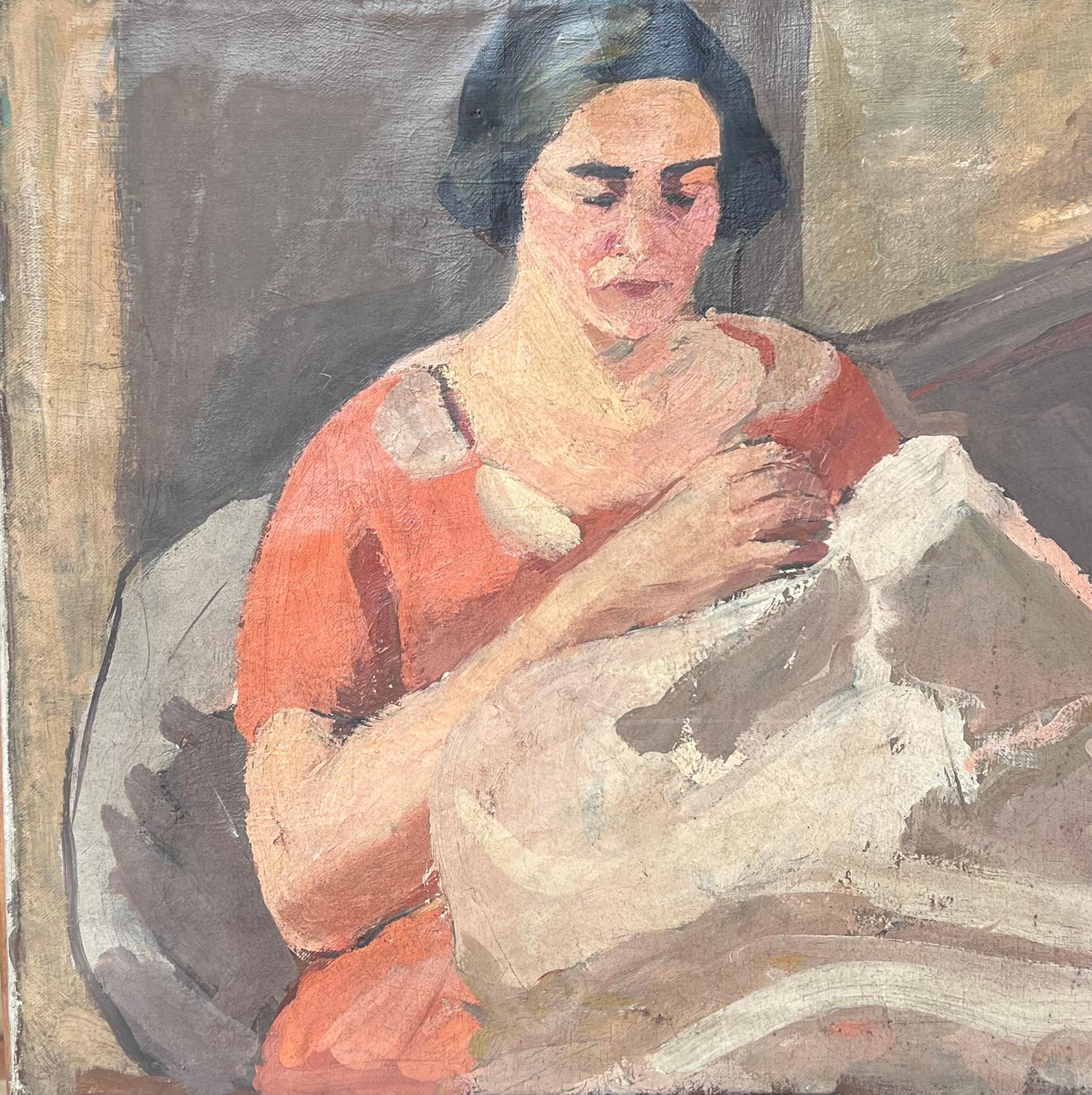 photo for sale Suzanne Dinkeslady In Red Knitting A White Blanket Mid Century French Impressionist Painting1950's