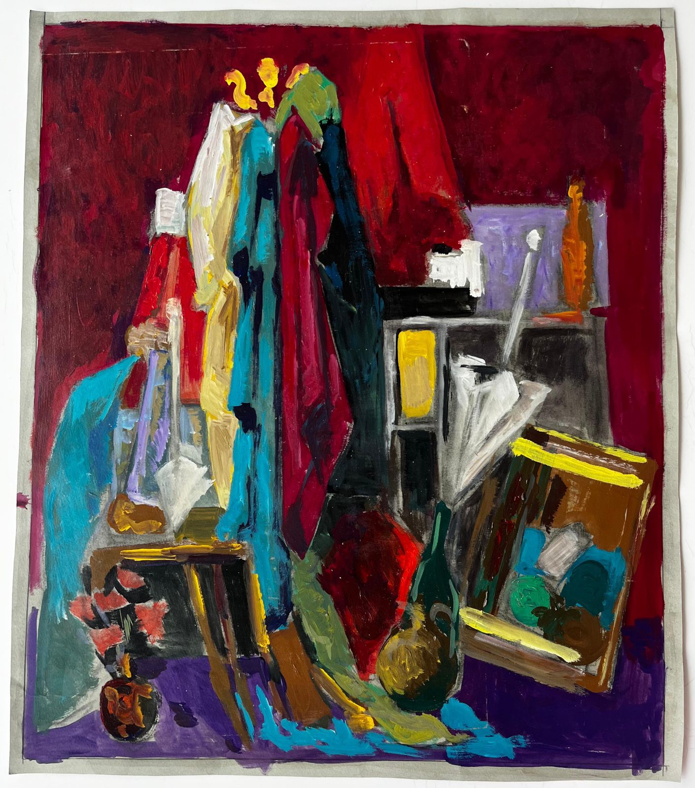 Guy Nicodcolourful  French Modern Oil Still Life With Fabrics Bottles And Picture Frame photo furniture