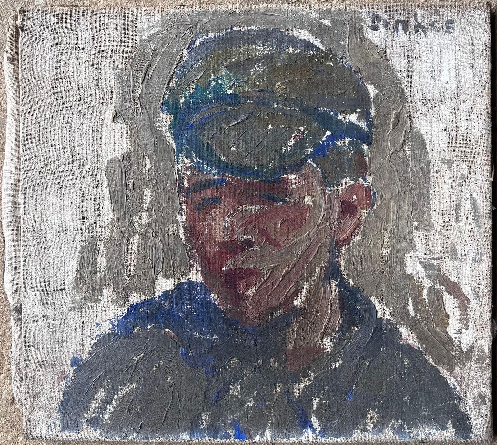 Suzanne Dinkesdapper Young Male In Blue Cap Portrait Mid Century French Impressionist Painting1950's photo furniture