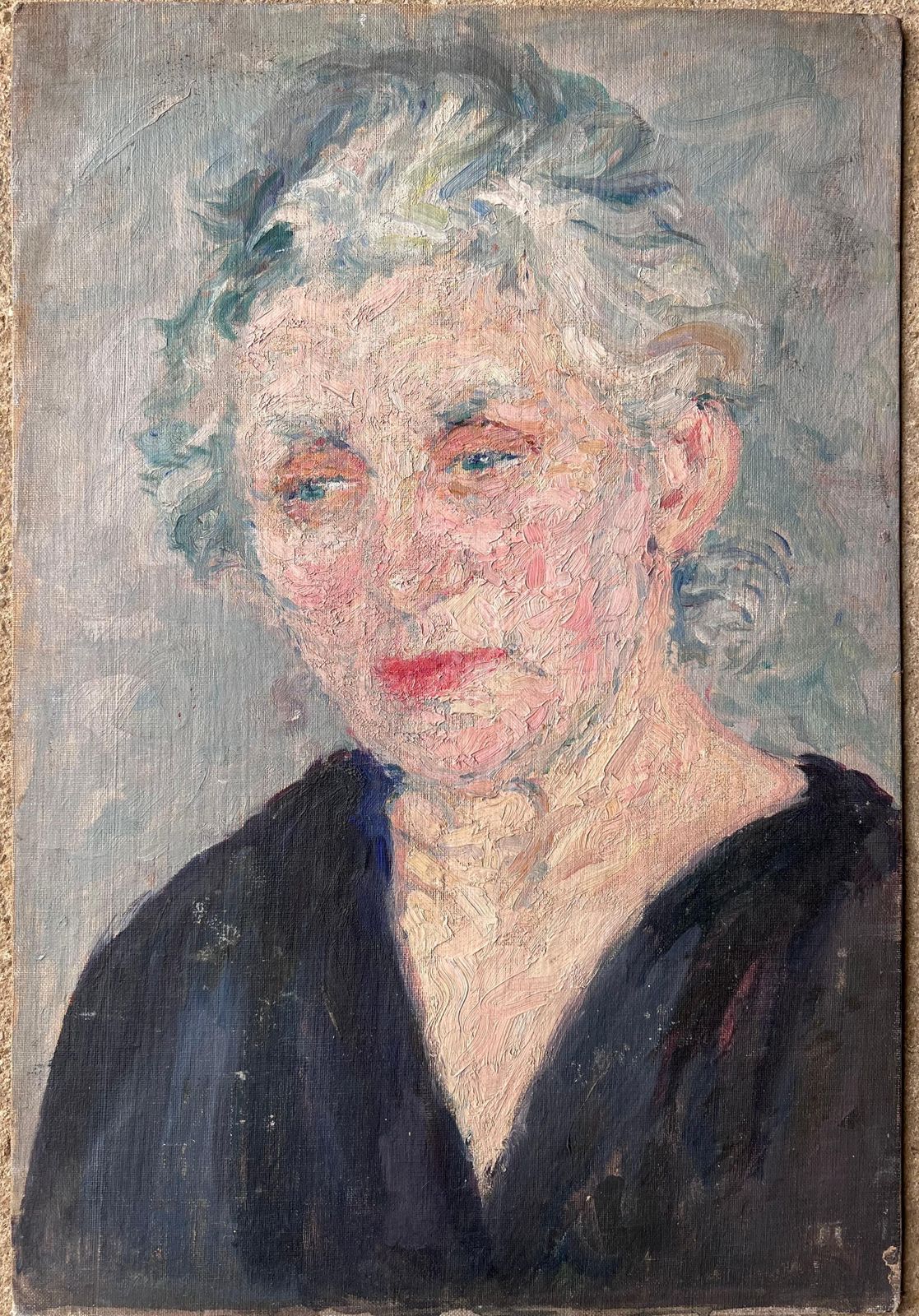 Suzanne Dinkesmid Century French Painting Of A Elder Lady Grey Haired Lady In A Blue V Neck1950's photo furniture