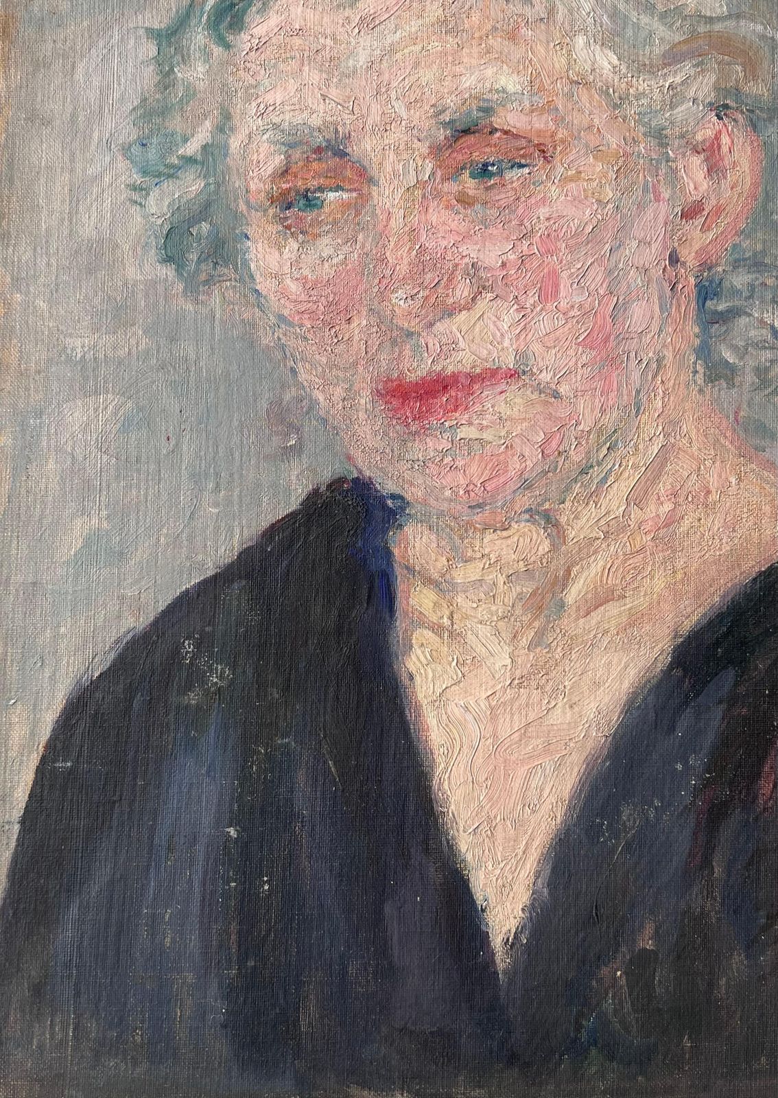 Suzanne Dinkesmid Century French Painting Of A Elder Lady Grey Haired Lady In A Blue V Neck1950's photo 489.0