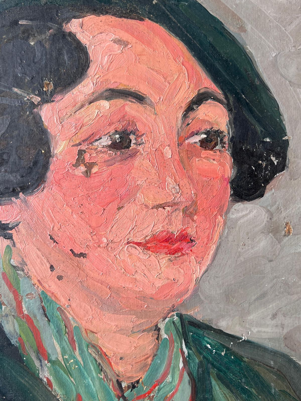 Suzanne Dinkesmid Century Impressionist Painting Stylish Lady In Green Wearing A Green Beret1950's photo Art