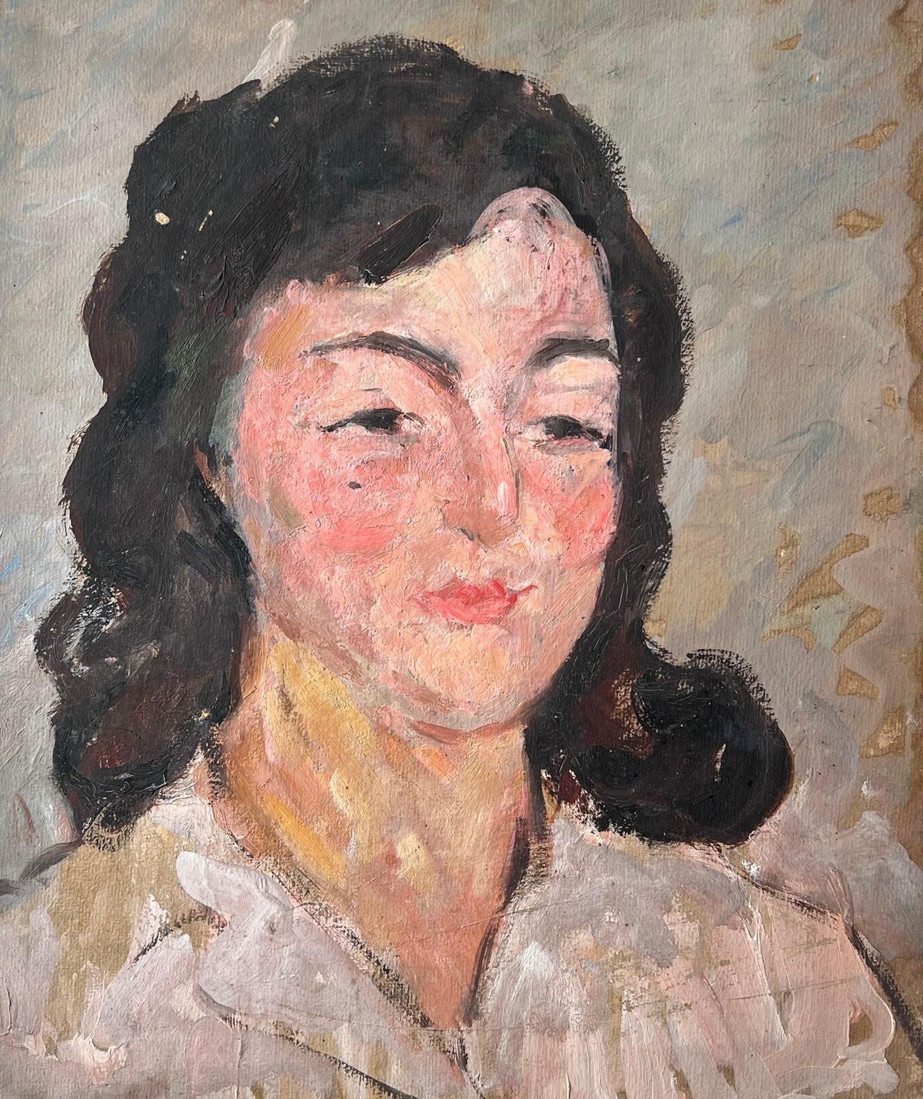 Suzanne Dinkesmid Century French Impressionist Painting Portrait Of A Chic Lady In White Shirt1950's