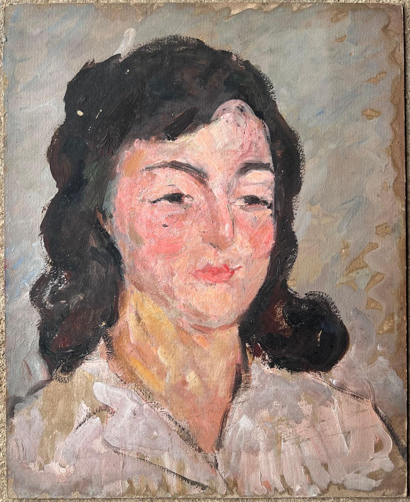 Suzanne Dinkesmid Century French Impressionist Painting Portrait Of A Chic Lady In White Shirt1950's photo furniture