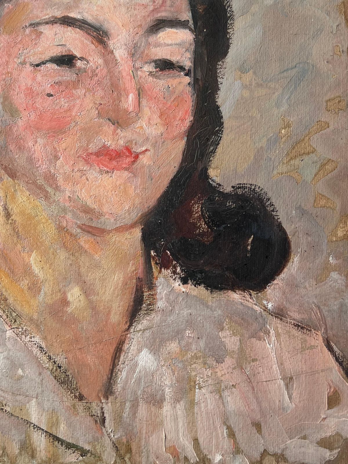 Suzanne Dinkesmid Century French Impressionist Painting Portrait Of A Chic Lady In White Shirt1950's photo vinterior