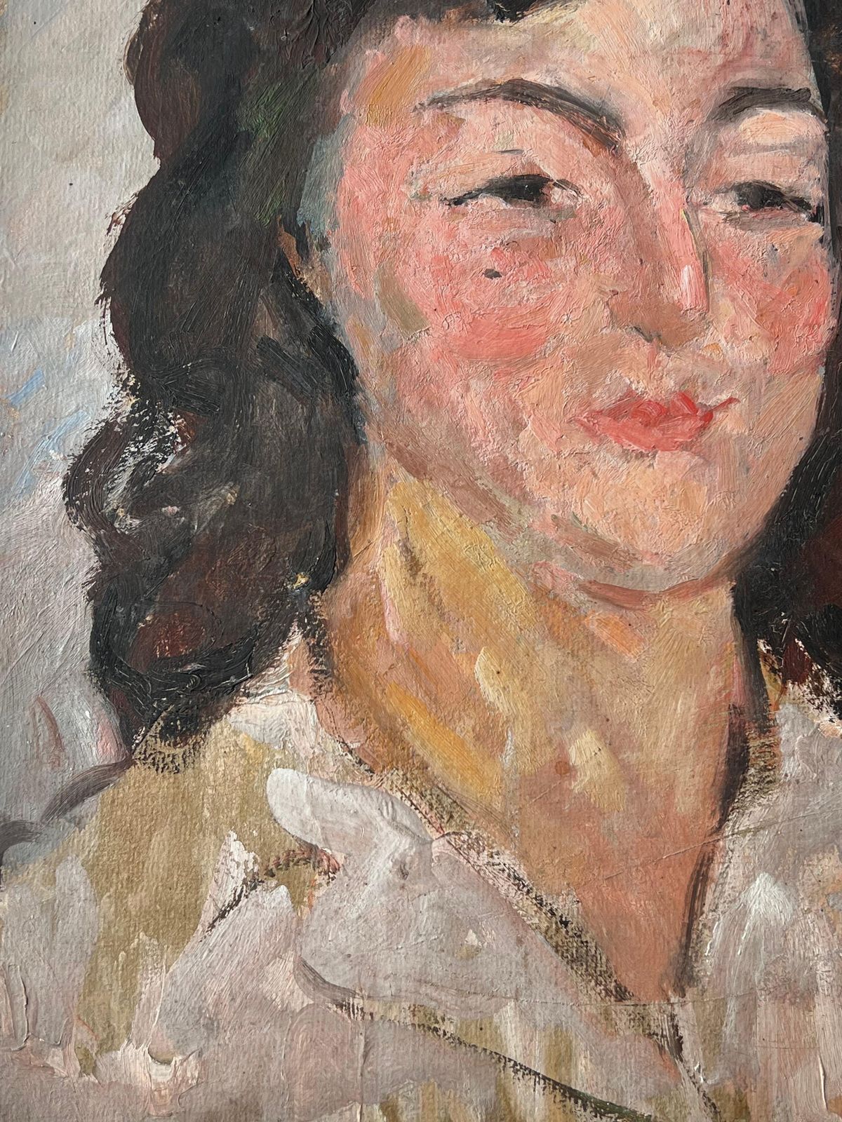 Suzanne Dinkesmid Century French Impressionist Painting Portrait Of A Chic Lady In White Shirt1950's photo buy