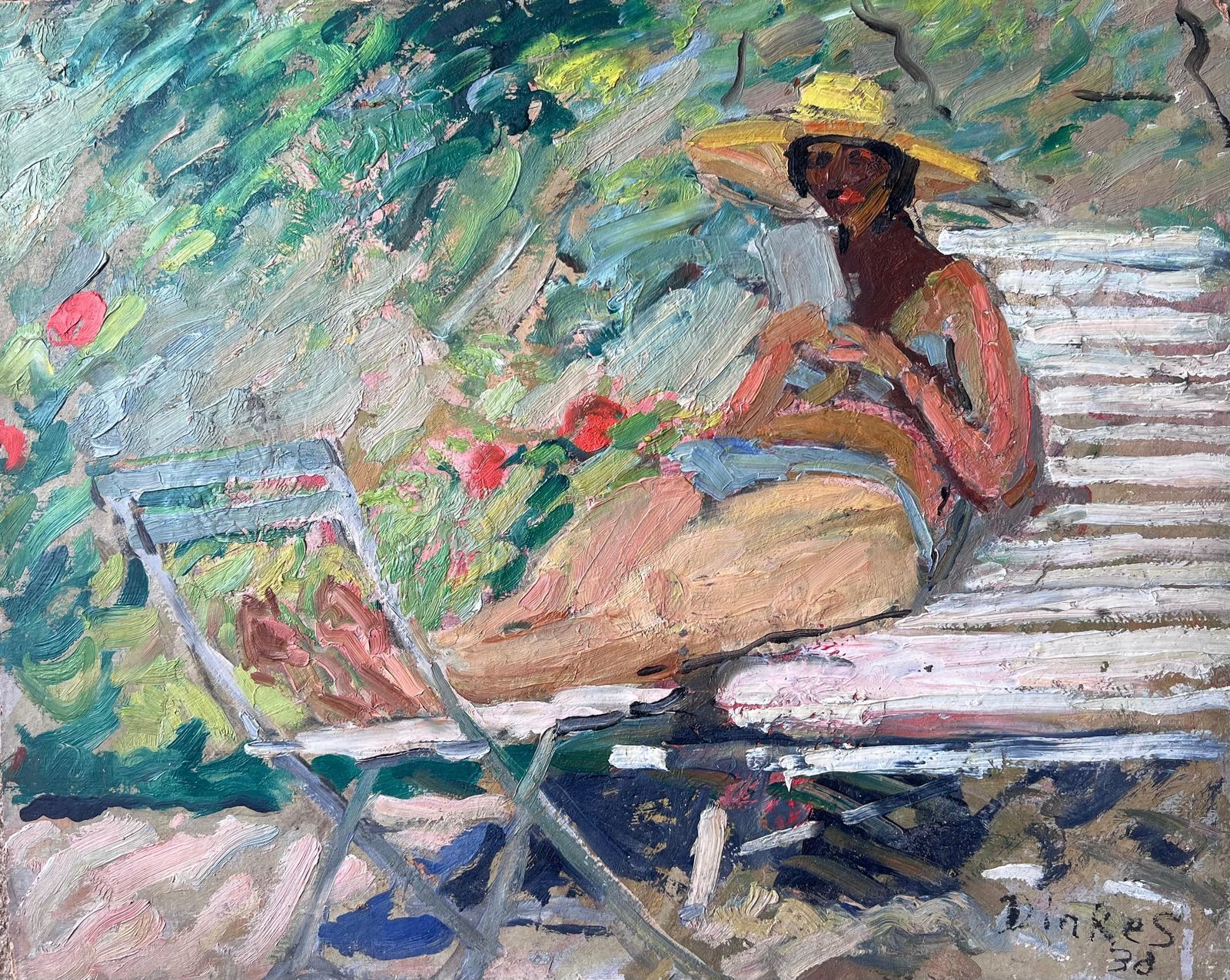 Suzanne Dinkesmid Century French Impressionist Painting Lady Sunbathing Reading In The Garden1950's photo furniture
