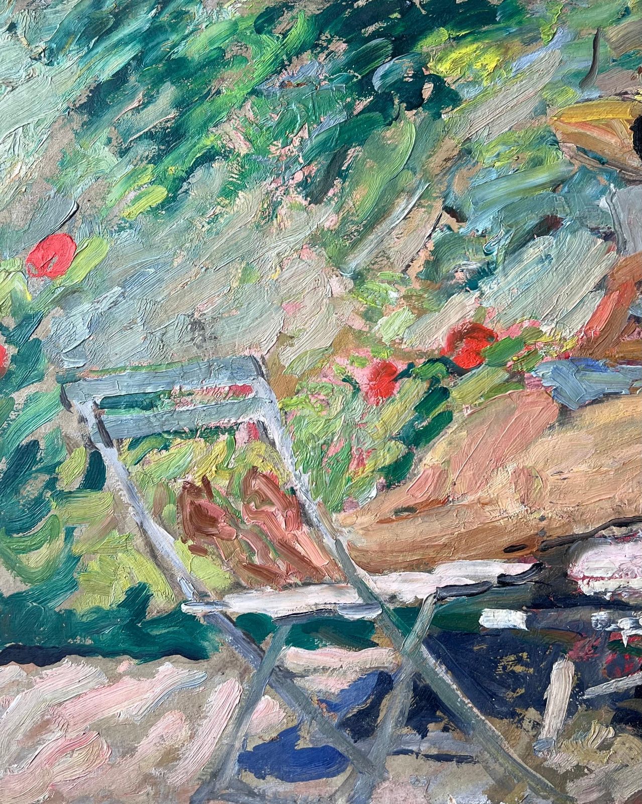 Suzanne Dinkesmid Century French Impressionist Painting Lady Sunbathing Reading In The Garden1950's photo Art