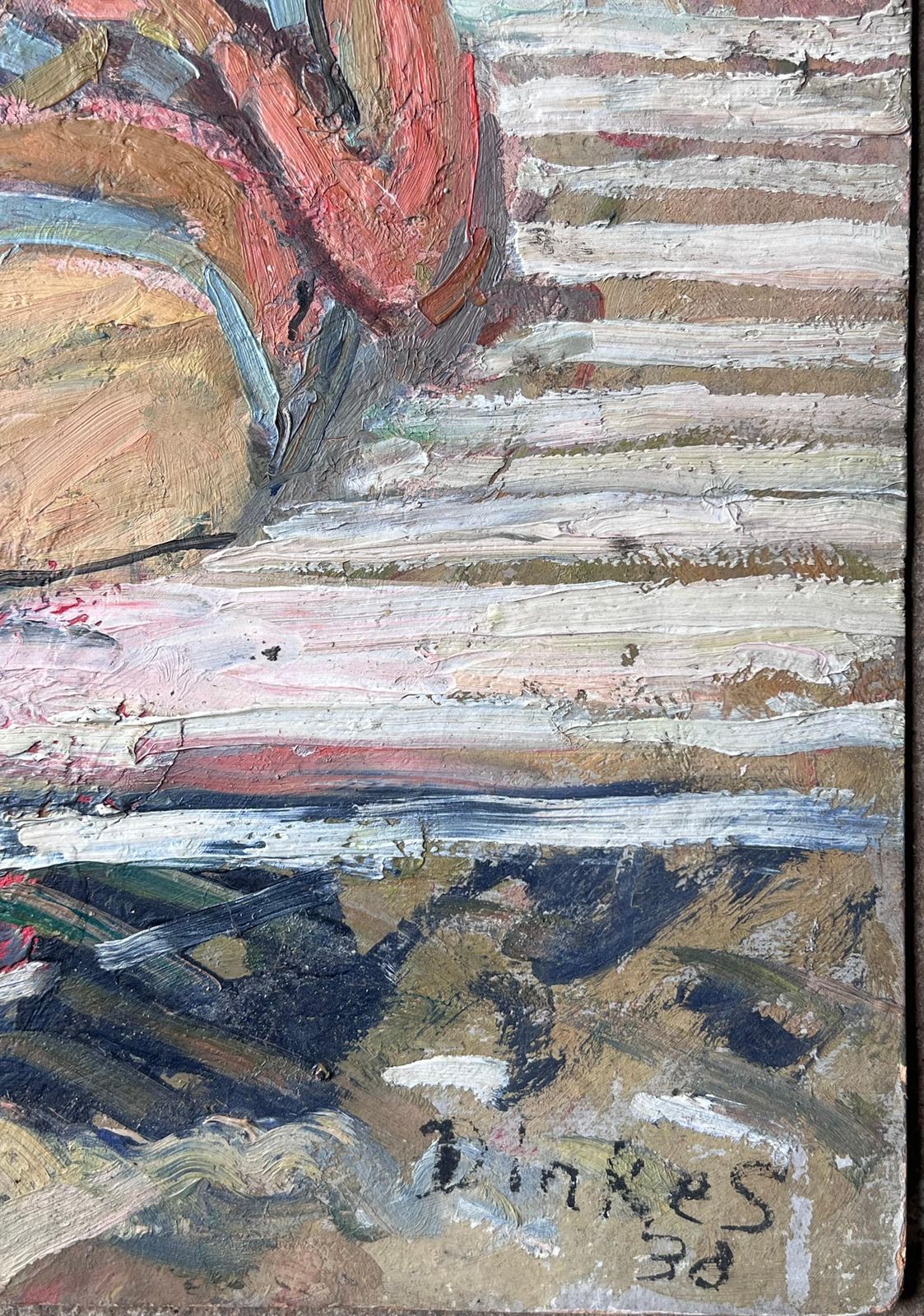 Suzanne Dinkesmid Century French Impressionist Painting Lady Sunbathing Reading In The Garden1950's photo vinterior
