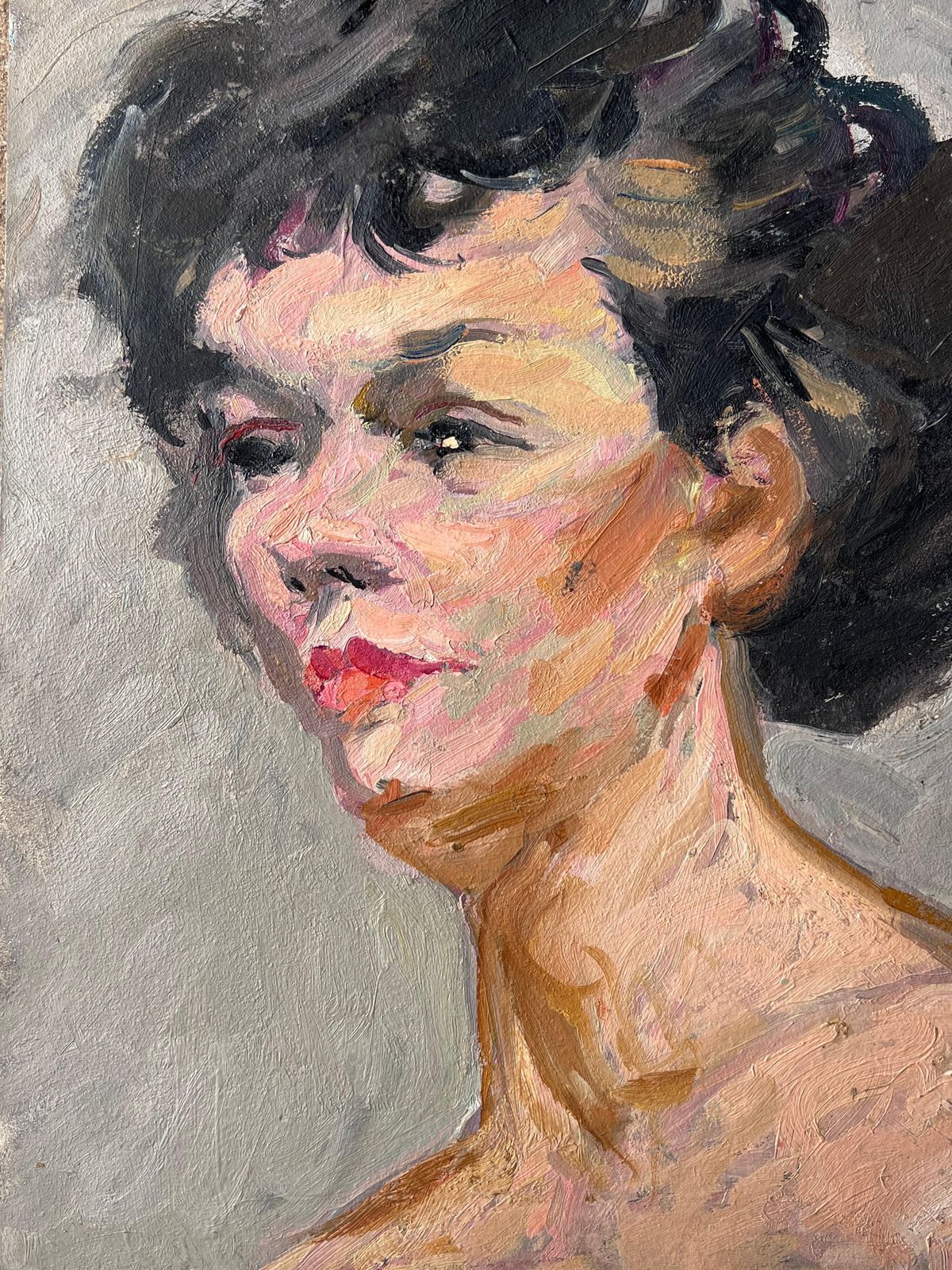 Suzanne Dinkesmid Century French Impressionist Painting Portrait Of A Nude Black Haired Lady1950's photo 714.0