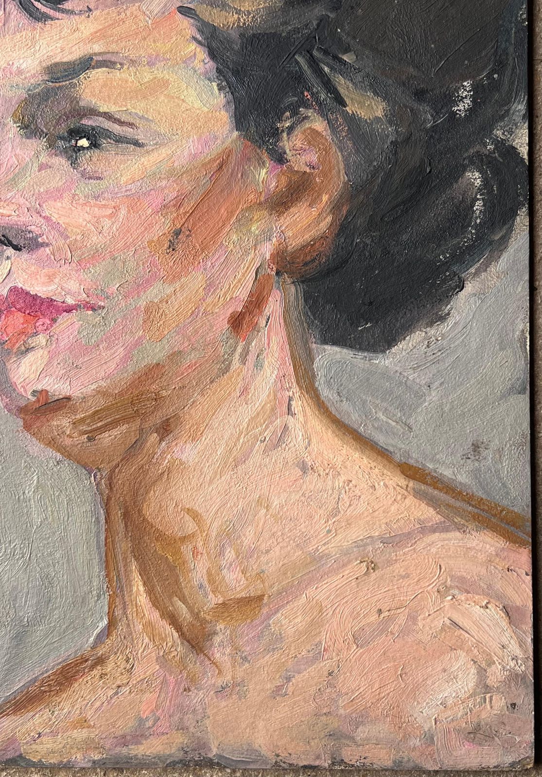 Suzanne Dinkesmid Century French Impressionist Painting Portrait Of A Nude Black Haired Lady1950's photo vinterior