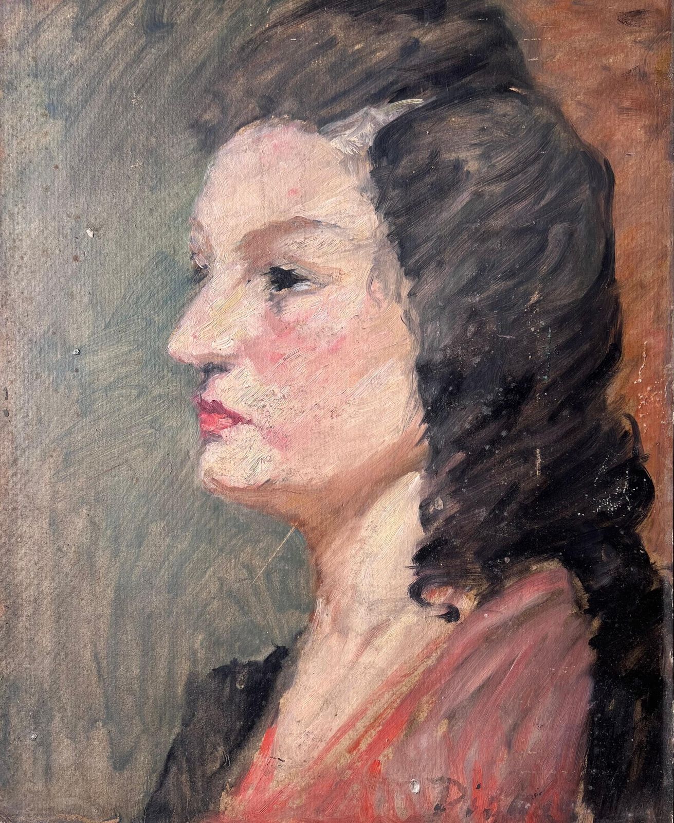 Suzanne Dinkesmid Century French Impressionist Painting Side Profile Portrait Of A Chic Lady1950's