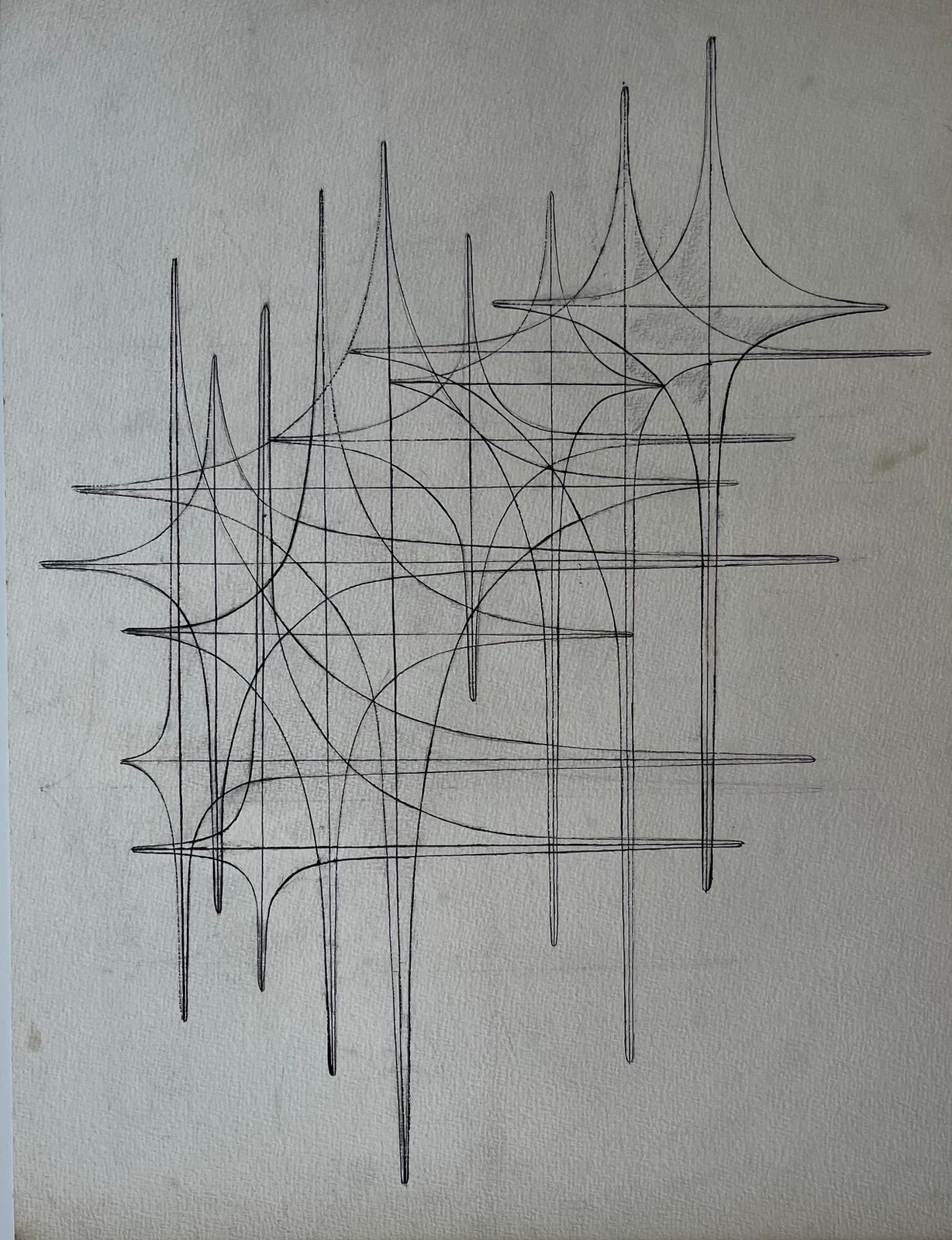 Serge Guerin (1916)mid Century French Linear Geometric Abstract Drawing In Black Ink On Paper
