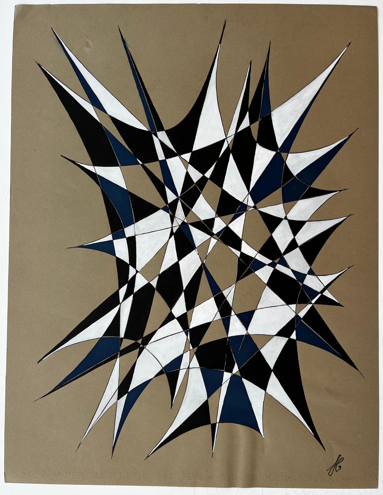 Serge Guerin (1916)mid Century French Geometric Abstract In Black White And Blue Signed Sg photo furniture