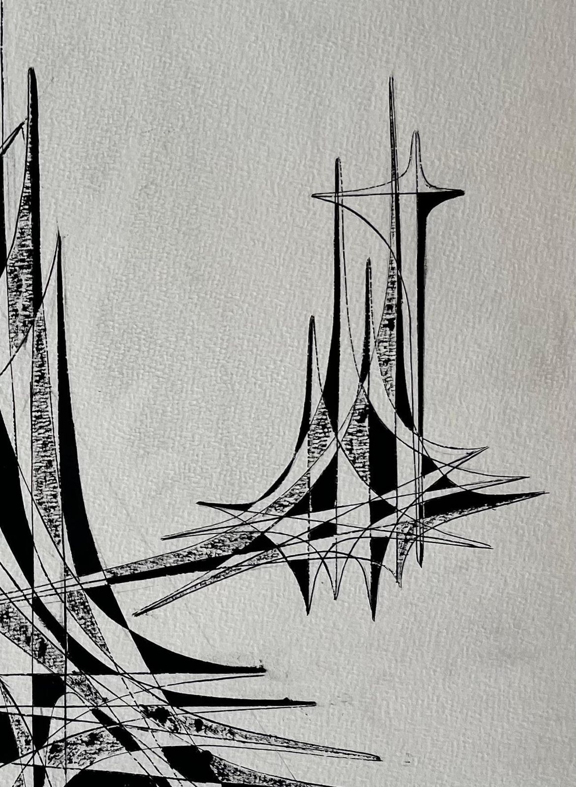 Serge Guerin (1916)mid Century French Black And White Geometric Abstract Drawing Signed Sg photo Art