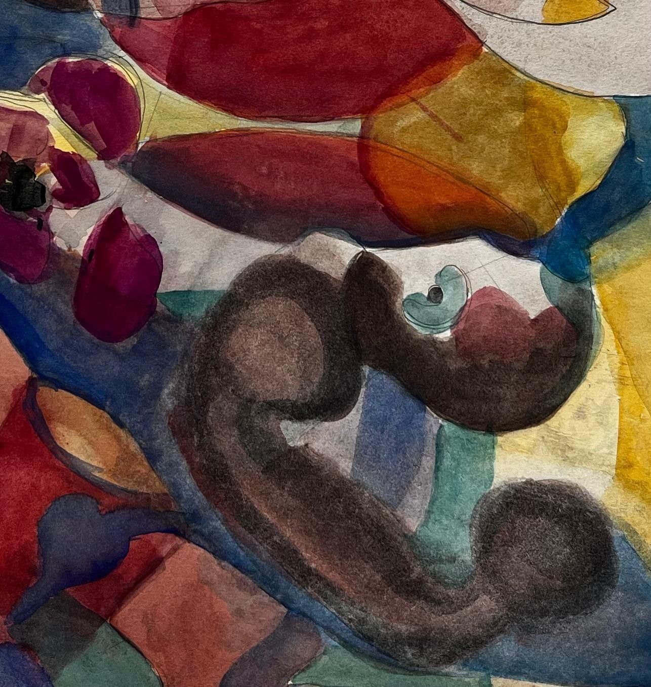Guy Nicodabstract Figurative Composition With Flowers And Yellow Ground French Gouache photo vintage