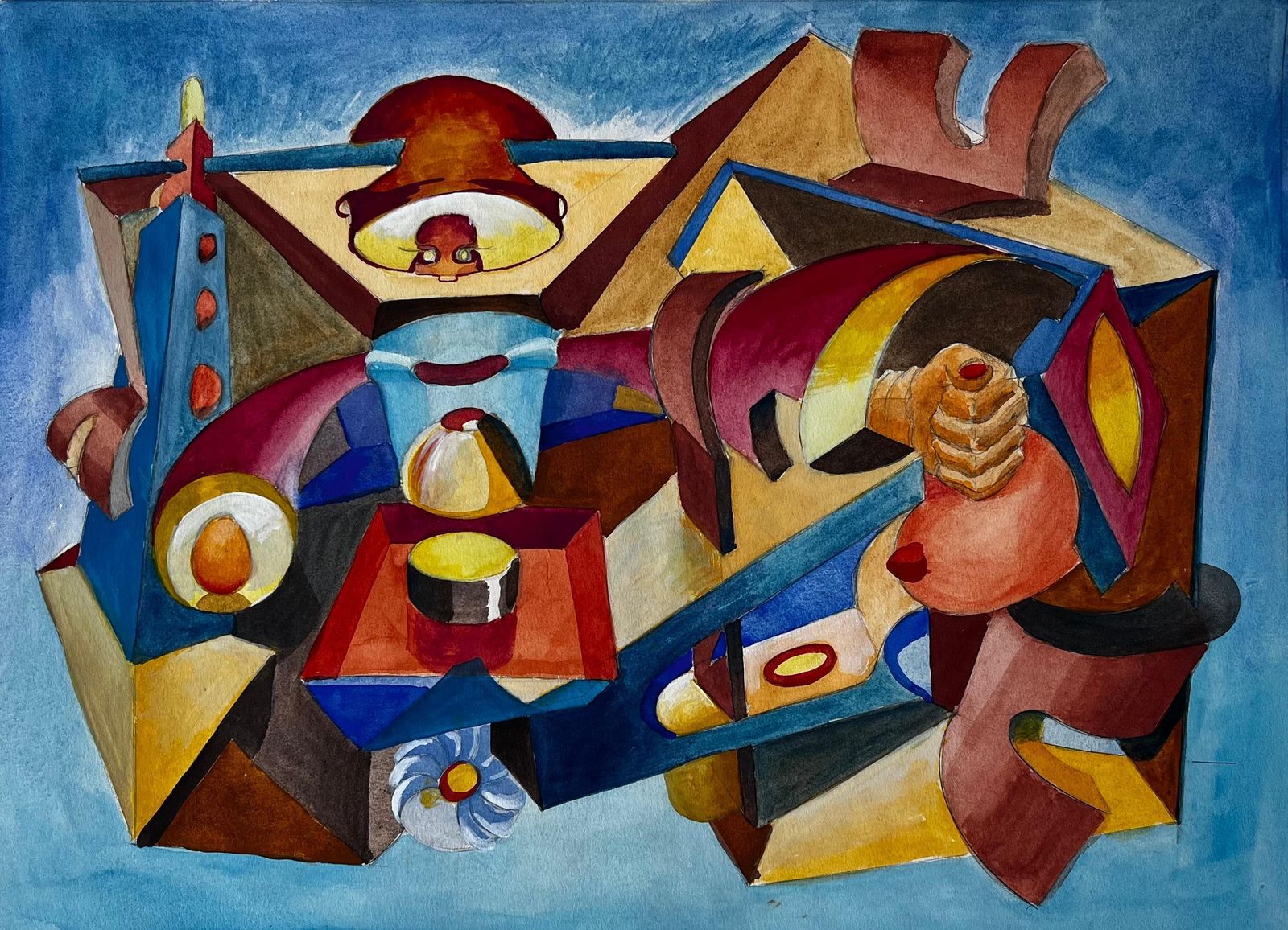 Abstract Interior Composition French Modernist Watercolour By Guy Nicod