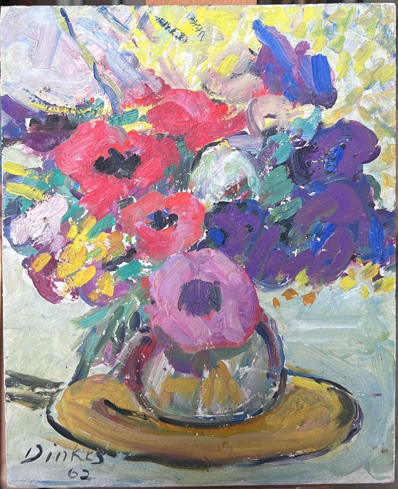Suzanne Dinkesmid Century French Impressionist Signed Oil Colorful Flowers In Vase1960's photo furniture
