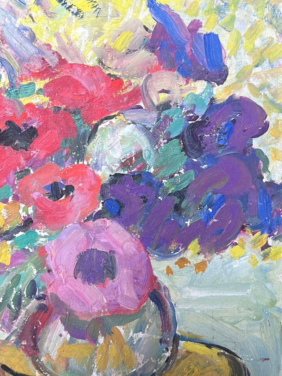 Suzanne Dinkesmid Century French Impressionist Signed Oil Colorful Flowers In Vase1960's photo vinterior