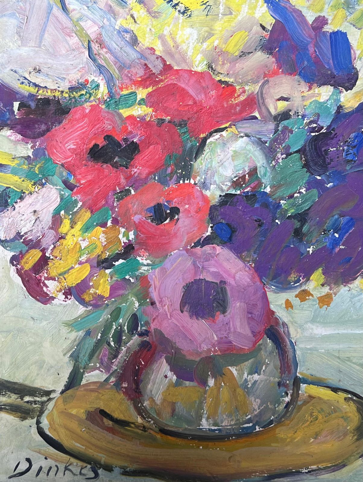 Suzanne Dinkesmid Century French Impressionist Signed Oil Colorful Flowers In Vase1960's photo buy